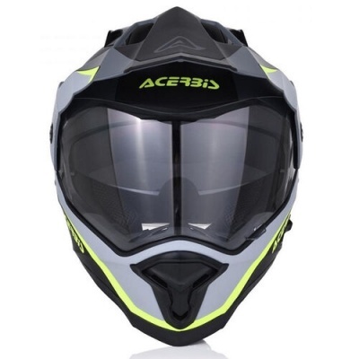 Capacete de motocross preto, cinzento e amarelo fluorescente com viseira escura e texto ACERBIS