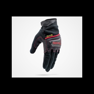 Luva de proteção preta com detalhes vermelhos e cinzentos