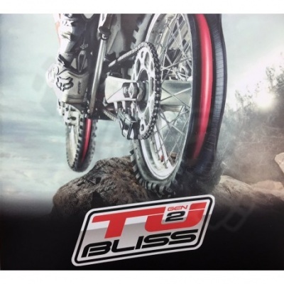 Roda de bicicleta de montanha vermelha e preta sobre rocha com logo T2 BLISS GEN 2