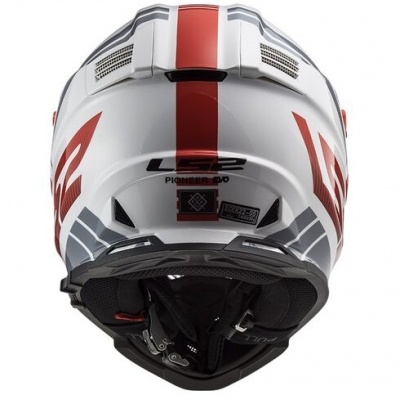 Capacete de motociclista branco com detalhes vermelhos e cinza visto de trás