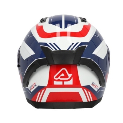 Capacete de motociclista colorido branco, azul e vermelho com texto SILENCE SPORTS