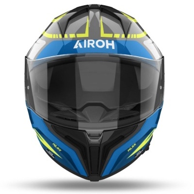 Capacete integral azul, preto e amarelo com viseira transparente e texto AIROH