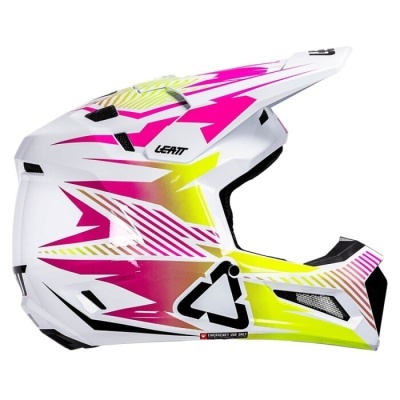 Capacete integral motocross branco, rosa, amarelo e preto com logotipo LEATT