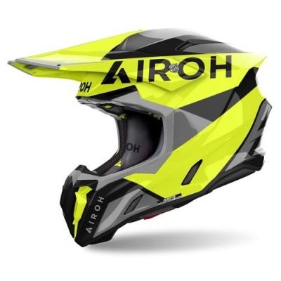 Capacete de motocross amarelo fluorescente, preto e cinza com texto AIROH