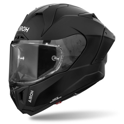 Capacete de moto integral preto com viseira transparente e texto AIROH