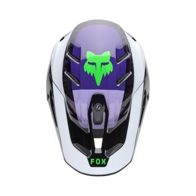 Capacete de ciclismo branco, preto e roxo com logótipo verde FOX