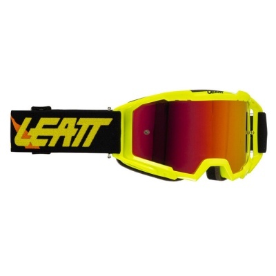 Óculos de proteção amarelos com lentes espelhadas e correia preta com texto amarelo LEATT