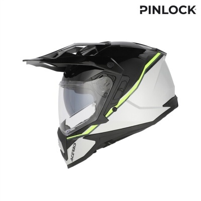 Capacete de moto integral preto e branco com detalhes verdes e viseira transparente