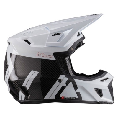 Capacete integral motocross branco e negro com padrão fibra de carbono e texto LEATT