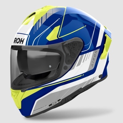 Capacete integral azul, branco e amarelo para motociclismo com viseira transparente