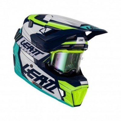 Capacete motocross LEATT branco, azul escuro, verde fluorescente e turquesa com óculos integrados