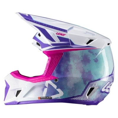 Capacete motocross integral Leatt roxo, branco e rosa com visor azul