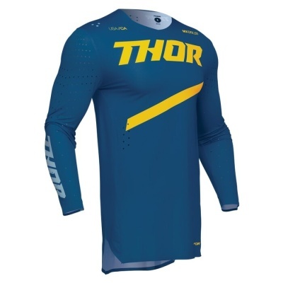 Camisola desportiva azul escura com texto amarelo THOR e detalhes amarelos