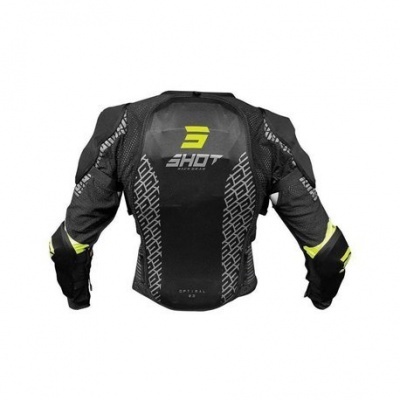 Casaco de proteção motociclismo preto com detalhes amarelos e texto SHOT