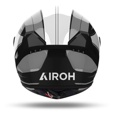 Capacete de motociclista preto, cinzento e branco com texto AIROH na parte traseira