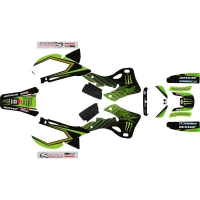 Autocolantes para karting verdes e pretos com texto Monster, Dunlop, Prokart e Xtreme.