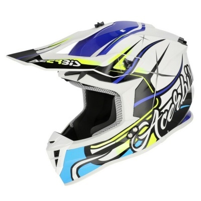 Capacete de motocross branco com detalhes coloridos e texto Acerbis
