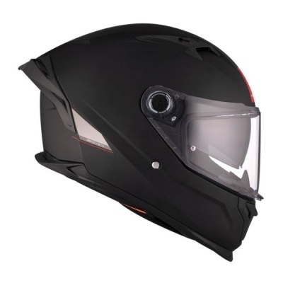 Capacete integral preto mate com viseira transparente e detalhes cinza e vermelho