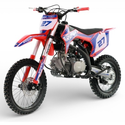 Moto de motocross vermelha, azul e branca com número 27 e texto ROAN RACING