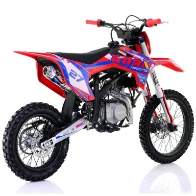 Motocross vermelha e azul RDAN Racing com pneus robustos e guiador vermelho