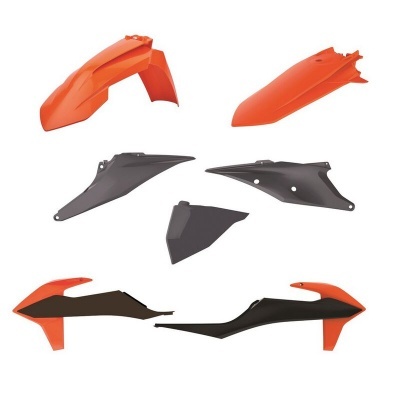 Peças plásticas para mota em laranja e preto sobre fundo branco