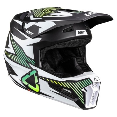 Capacete preto, branco, verde e amarelo com texto Leatt