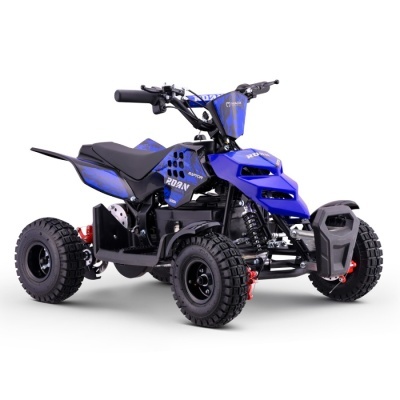 Quadriciclo elétrico infantil azul e preto com pneus off-road e suspensão dianteira