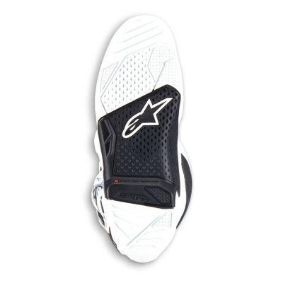 Sola de bota para motociclismo branca com placa preta e logo Alpinestars