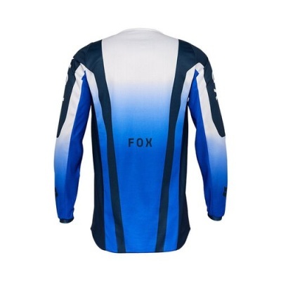 Camisola desportiva motocrosse com degradê azul e branco e texto FOX nas costas