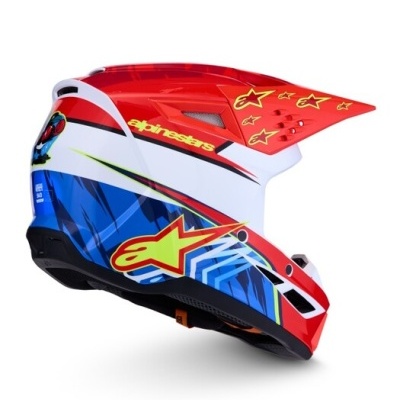 Capacete integral desportivo vermelho, branco e azul com logo alpinestars