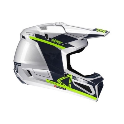 Capacete de motocross branco, verde néon e preto com textos LEATT e MOTO 8.5 PRO