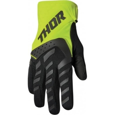 Luvas para motocross THOR pretas e verde fluorescente com detalhes antiderrapantes.