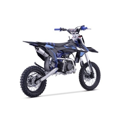 motocross preto e azul com pneus grossos e estrutura metálica