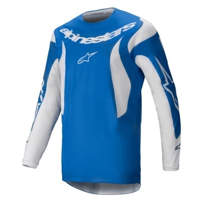 Camisola desportiva azul e branca com texto ALPINESTARS e logótipo