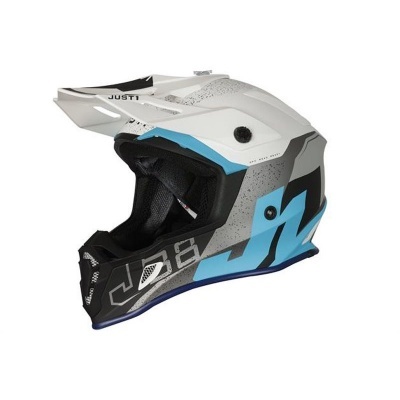 Capacete motocross branco, azul, cinza e preto com texto JUST1