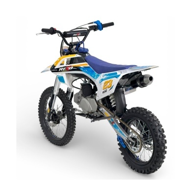 Motocross infantil azul, branco e amarelo com número 23 e logo REXO