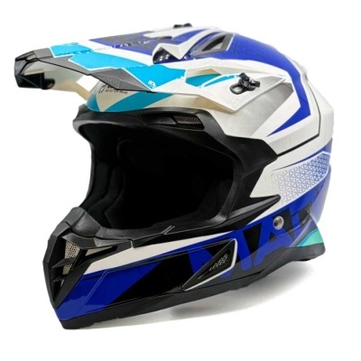 Capacete de motocross azul, branco e preto com padrões geométricos