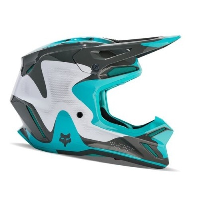 Capacete de motocross integral branco, preto e azul turquesa em fibra de carbono