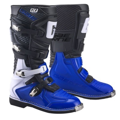 Botas de motocross azuis, pretas e brancas com fivelas metálicas