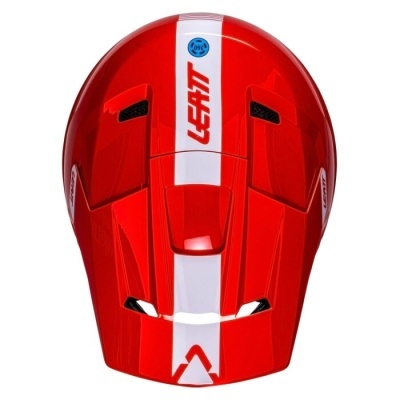 Capacete de motocross vermelho com listra branca e texto 'LEATT'