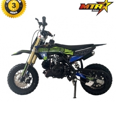 Motocross infantil preto e verde com detalhes em azul e selo de garantia 3 anos.
