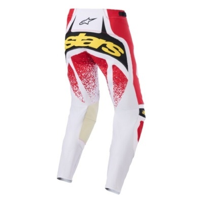 Calças de motocross brancas com vermelho, preto, texto stars amarelo e logotipo Alpinestars