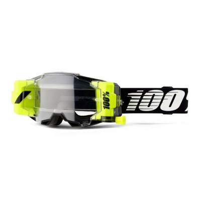 Óculos de proteção desportivos com armação preta e amarelo fluorescente e cinta preta com '100%'.