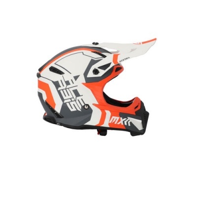 Capacete de motocross branco, laranja e preto com texto 'MXR' e 'SAGE 1.2'