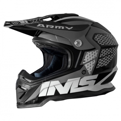 Capacete de motocross preto com texto ARMY e INVSL