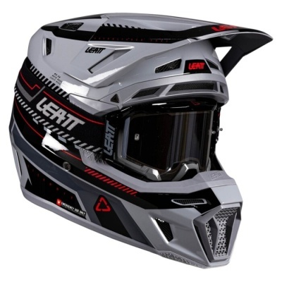 Capacete integral cinza, preto e vermelho com viseira e texto LEATT