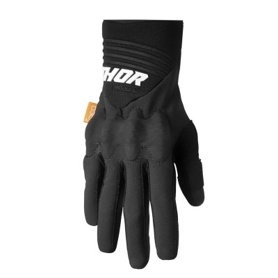 Luva preta com logo branco THOR no punho e etiqueta laranja na lateral