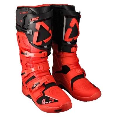 Botas altas para motocross vermelhas e pretas com fivelas ajustáveis e texto LEATT 4.5