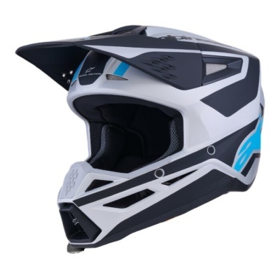 Capacete de motocross preto, branco e azul com viseira e ventilação