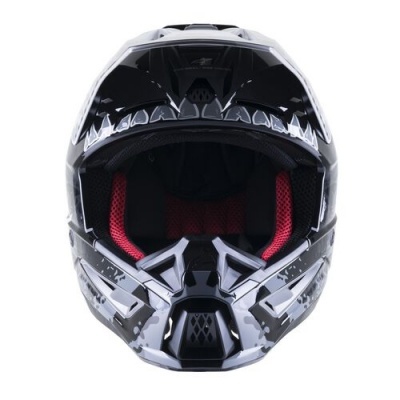 Capacete integral camuflado cinza e preto com interior vermelho e preto